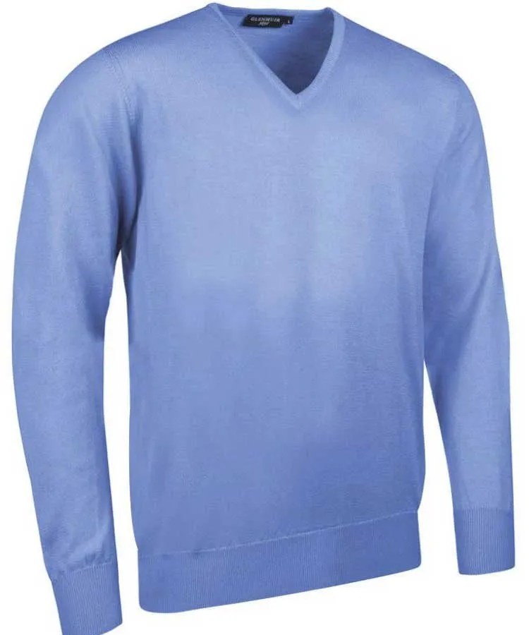 40% OFF GLENMUIR Mens Wilkie V-Neck Sweater - Fine Merino Wool - Light Blue - Size: LARGE