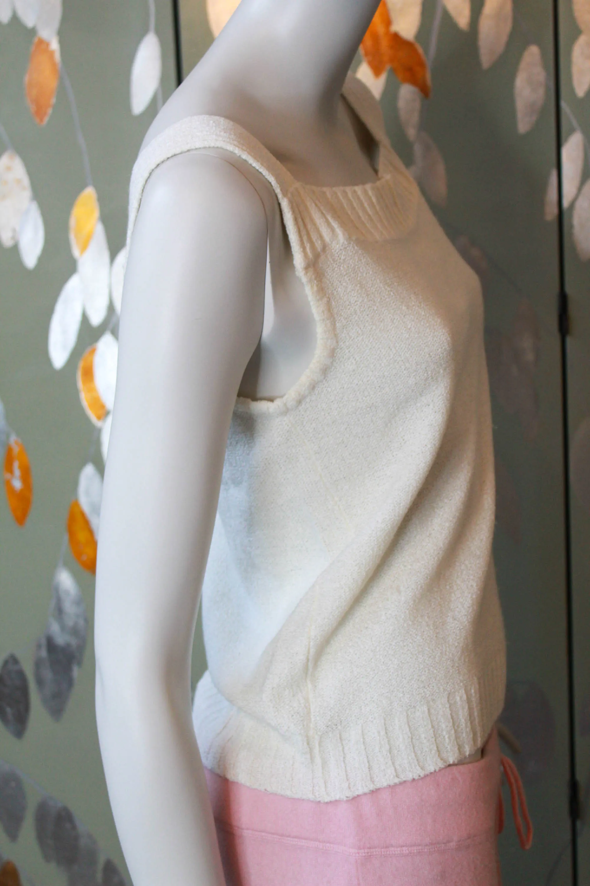 70s White Knit Camisole and Cardigan Set, Large