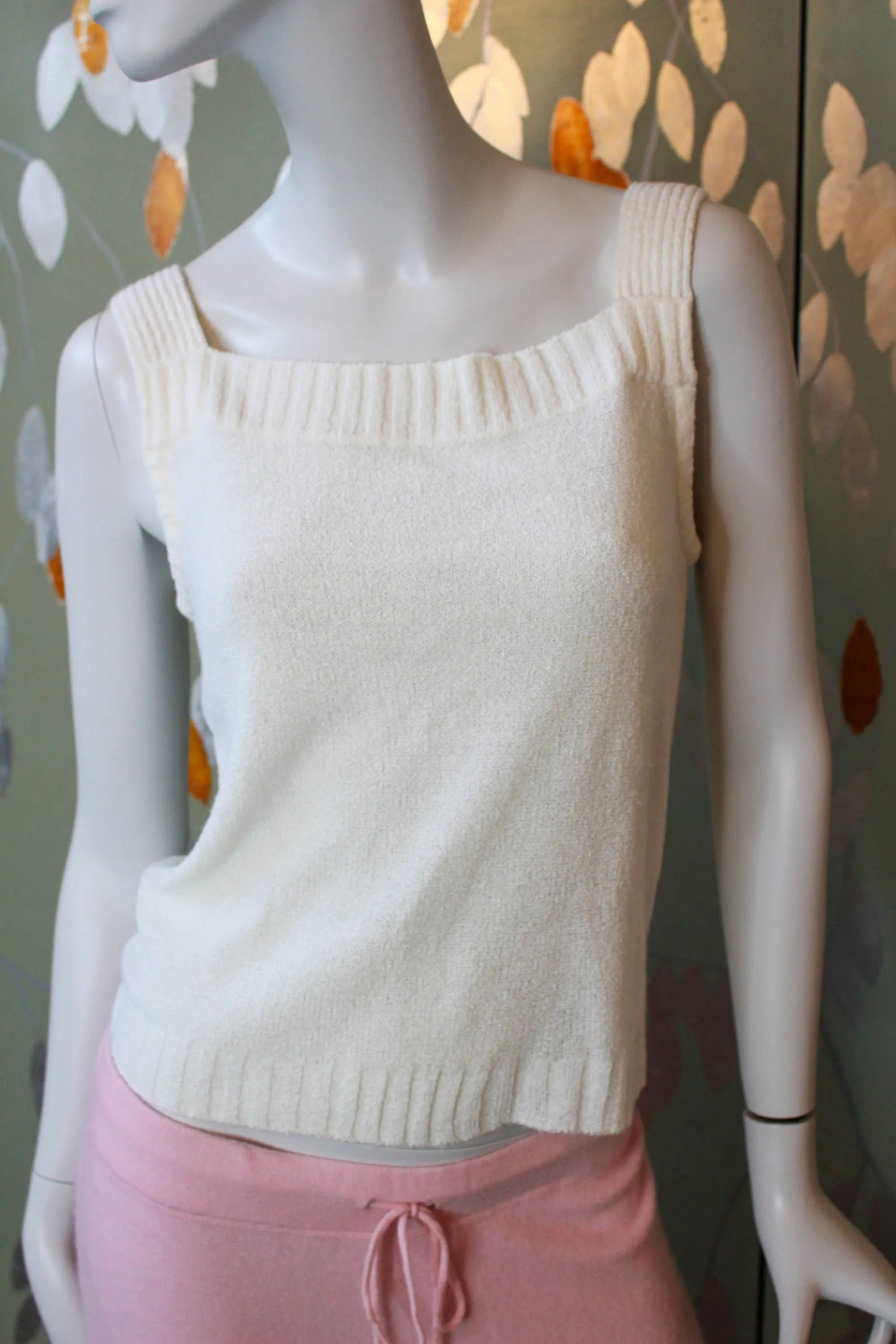 70s White Knit Camisole and Cardigan Set, Large