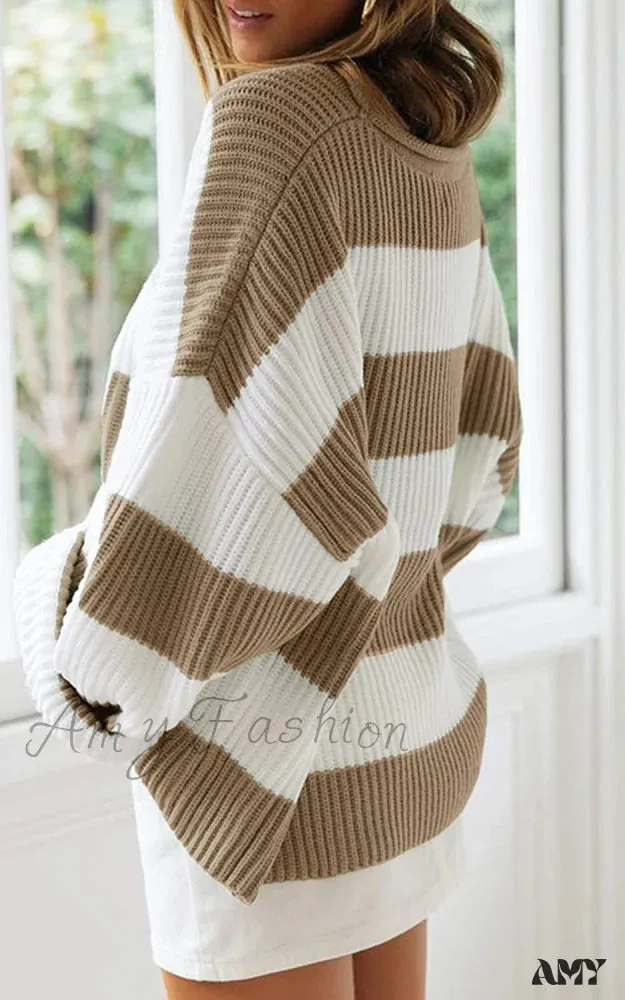 Amy Fashion - Women's Striped Color Comfy Knitted Sweater