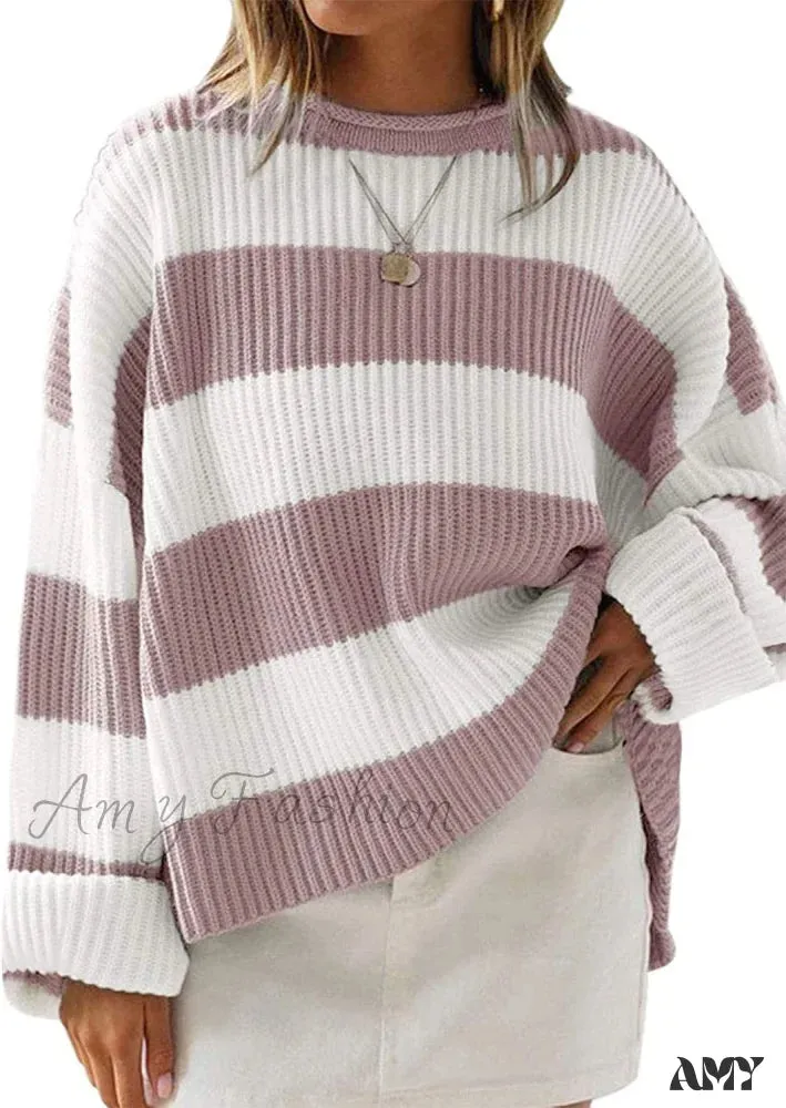 Amy Fashion - Women's Striped Color Comfy Knitted Sweater