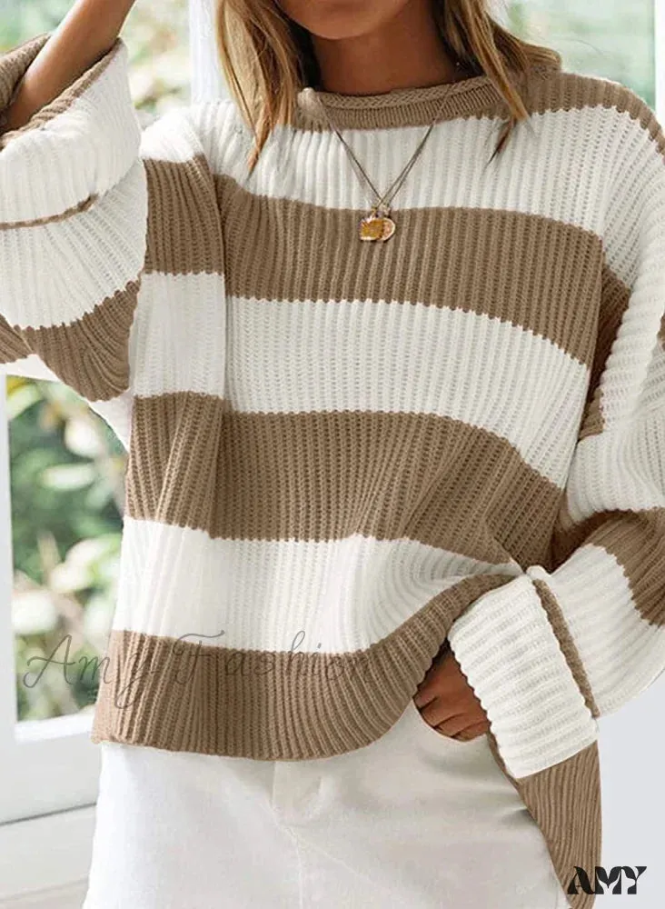 Amy Fashion - Women's Striped Color Comfy Knitted Sweater