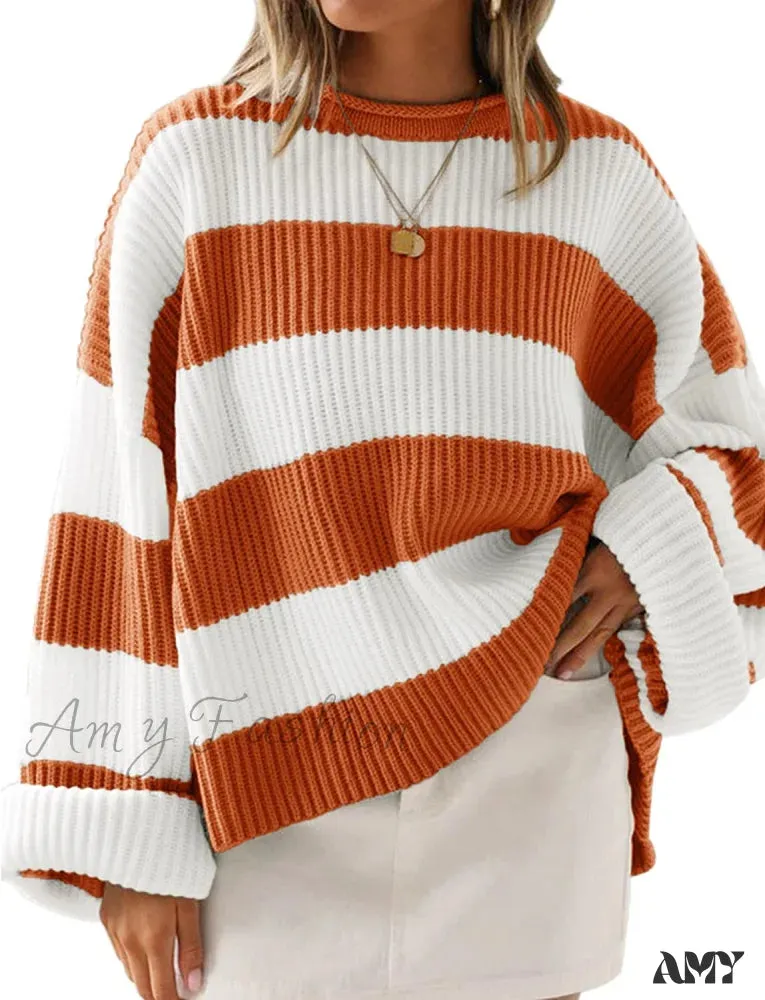 Amy Fashion - Women's Striped Color Comfy Knitted Sweater