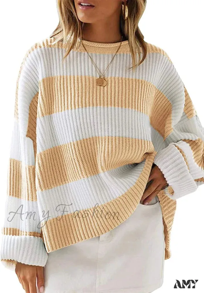 Amy Fashion - Women's Striped Color Comfy Knitted Sweater