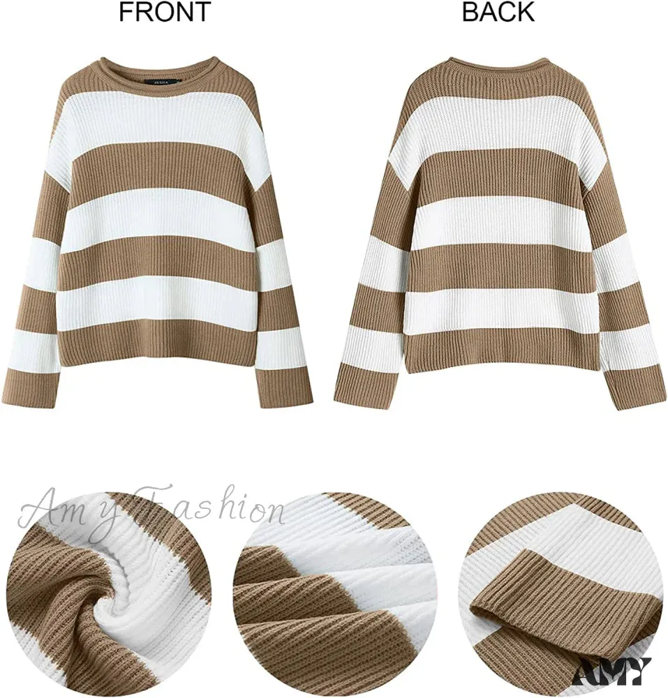 Amy Fashion - Women's Striped Color Comfy Knitted Sweater