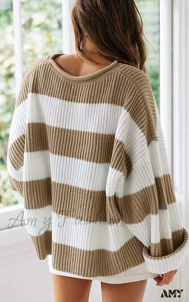 Amy Fashion - Women's Striped Color Comfy Knitted Sweater