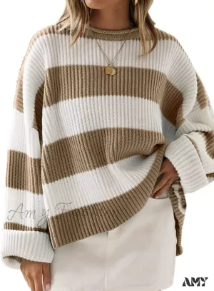 Amy Fashion - Women's Striped Color Comfy Knitted Sweater