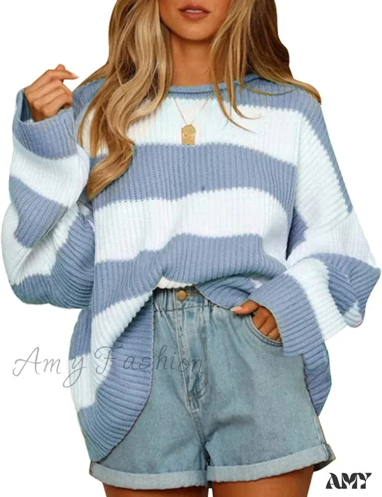 Amy Fashion - Women's Striped Color Comfy Knitted Sweater