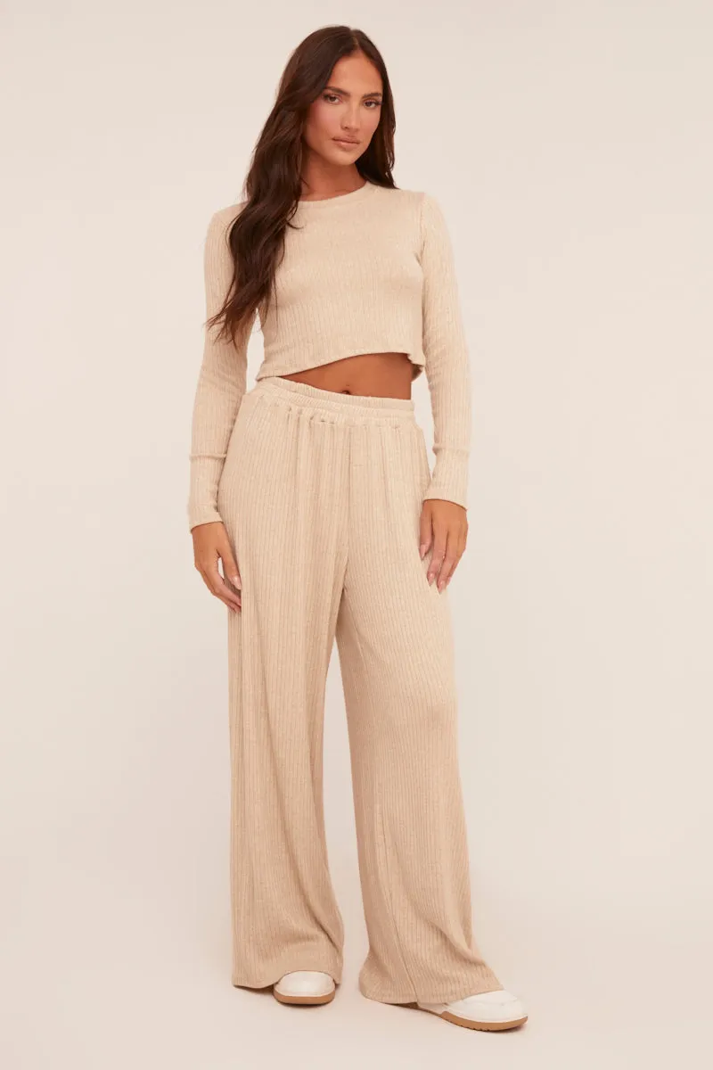 Beige Rib Knit Long Sleeve Top & Wide Leg Trouser Co-ord Set - Damia