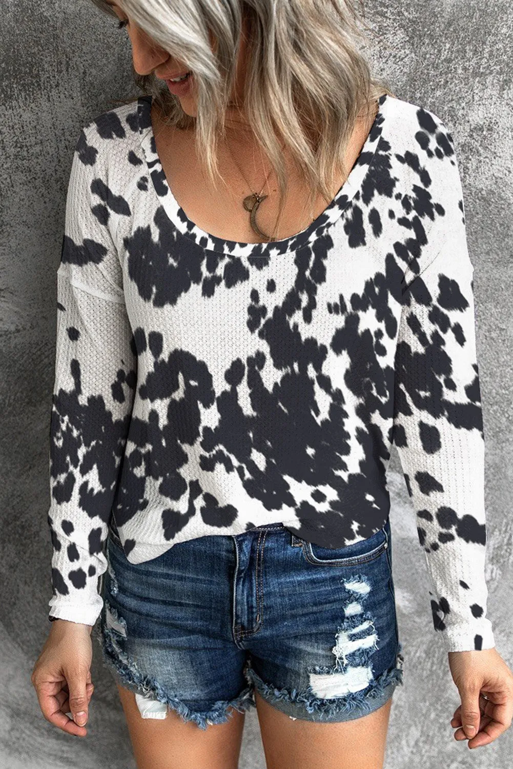 Black Cow Print U Neck Long Sleeve Top