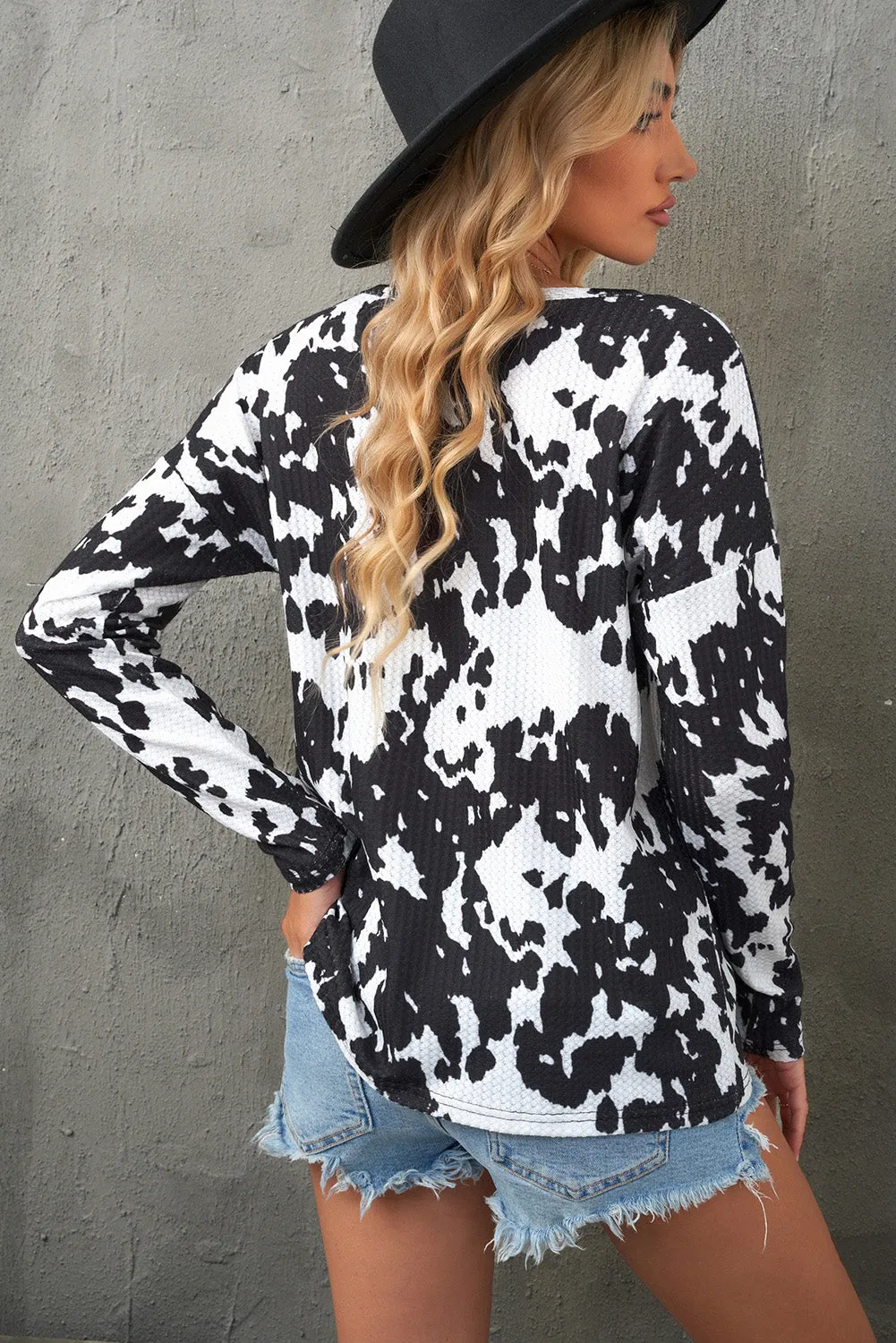 Black Cow Print U Neck Long Sleeve Top