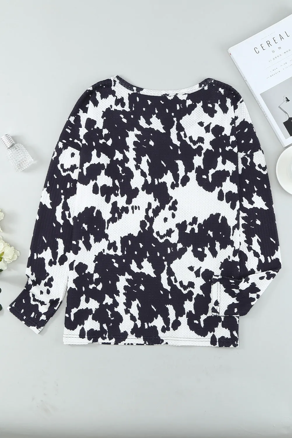 Black Cow Print U Neck Long Sleeve Top