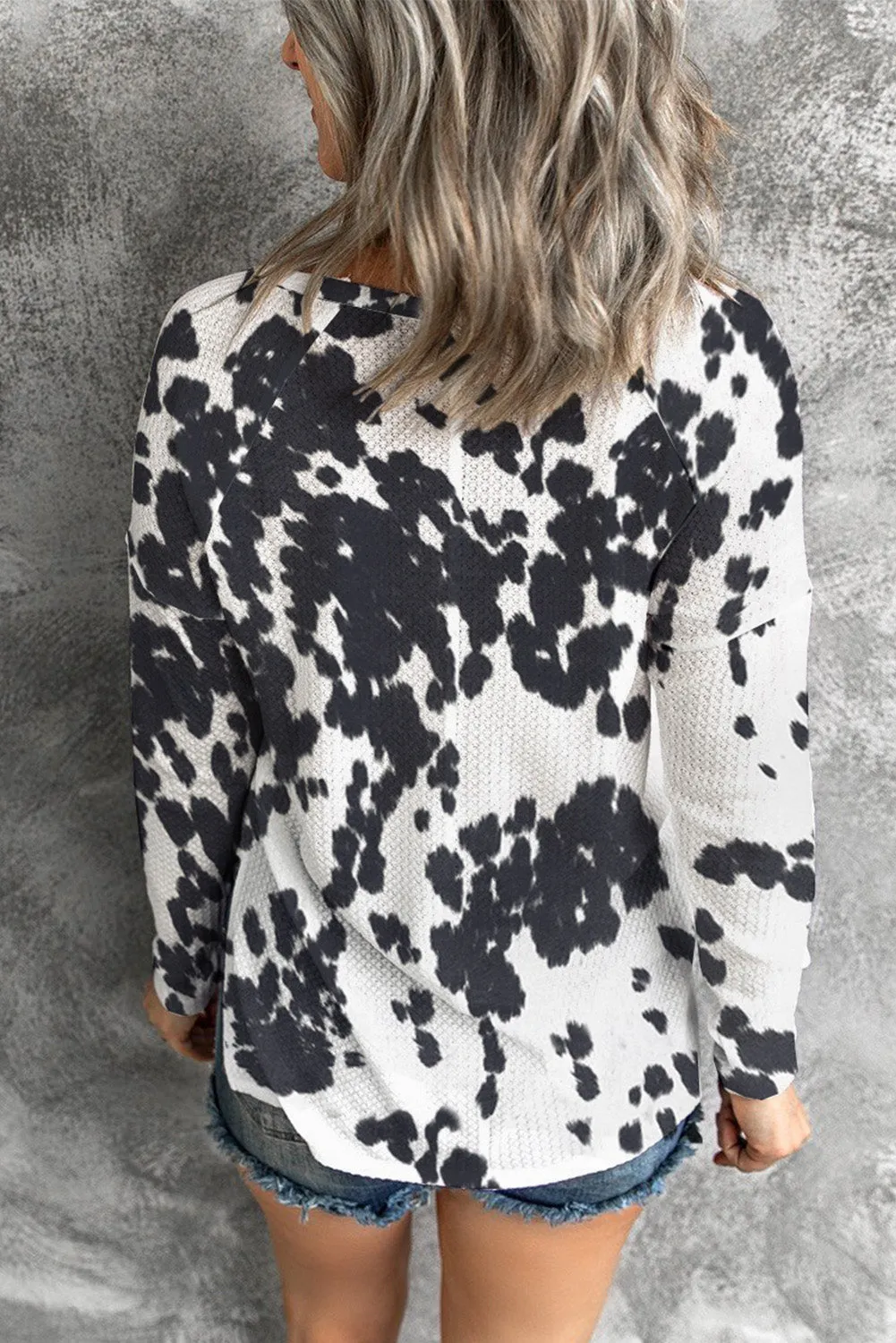 Black Cow Print U Neck Long Sleeve Top