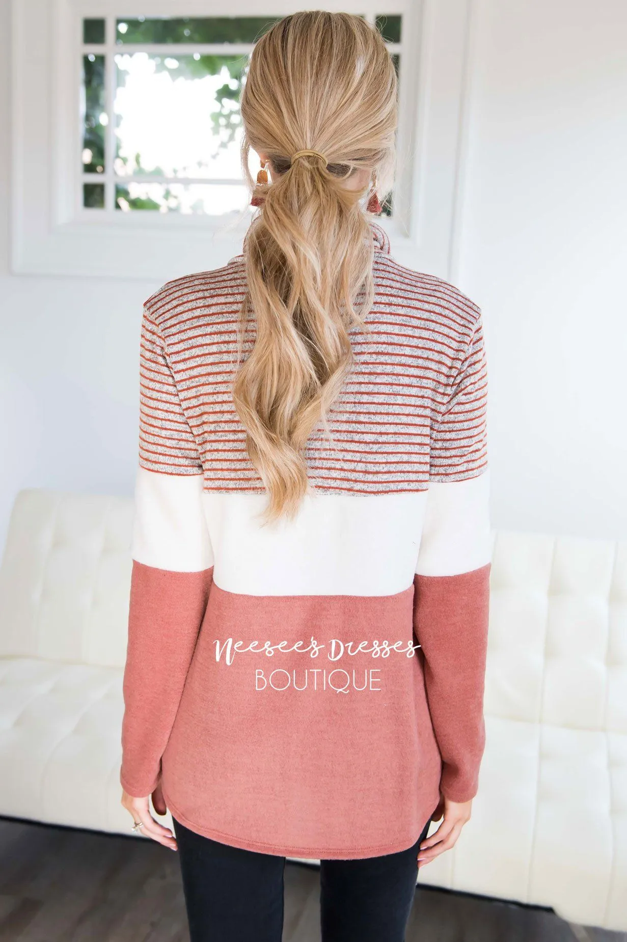 Cozy Cowl Neck Rust Color-block Sweater