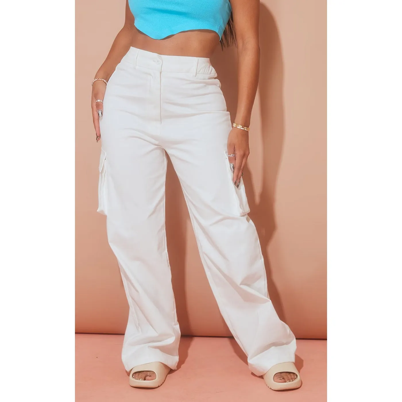 Cream Wide Leg Cargo Trousers