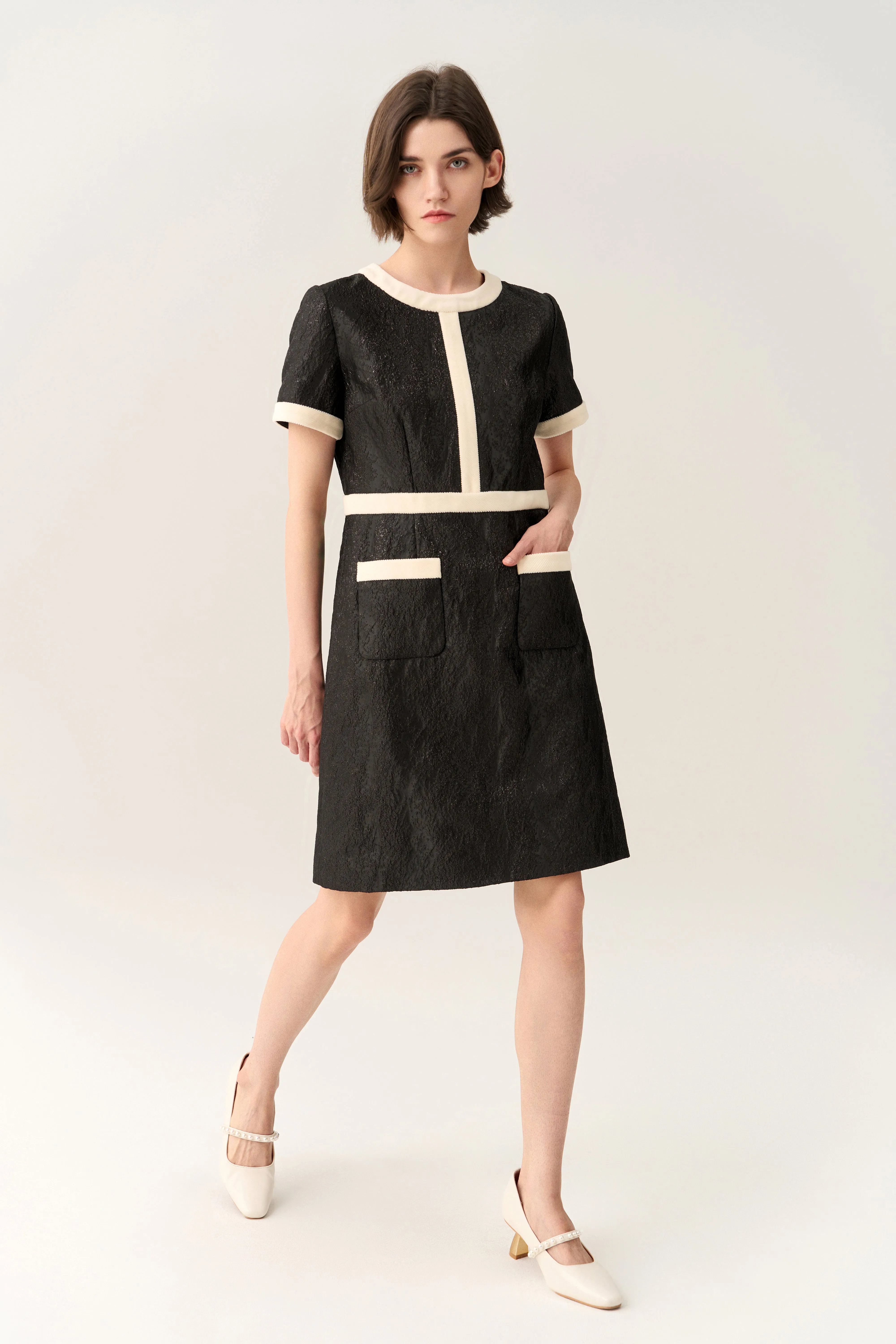 Creased-effect Lurex Black/White Dress