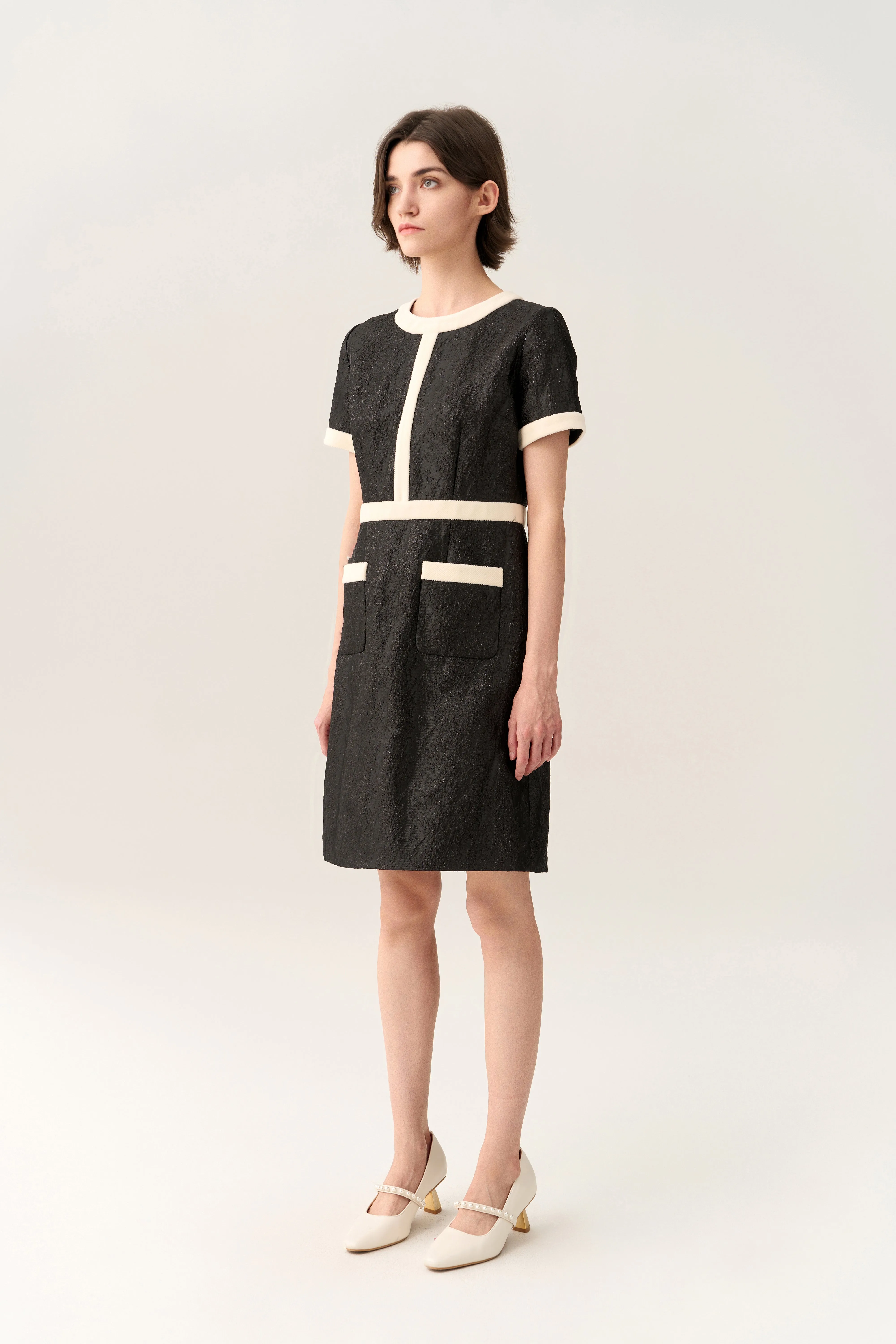 Creased-effect Lurex Black/White Dress