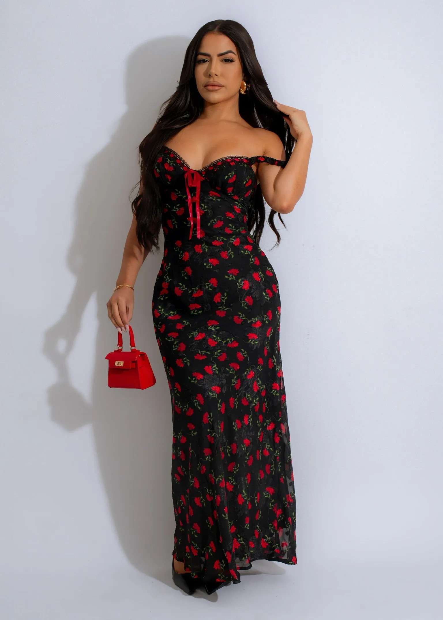 Crimson Blooms Maxi Dress Black