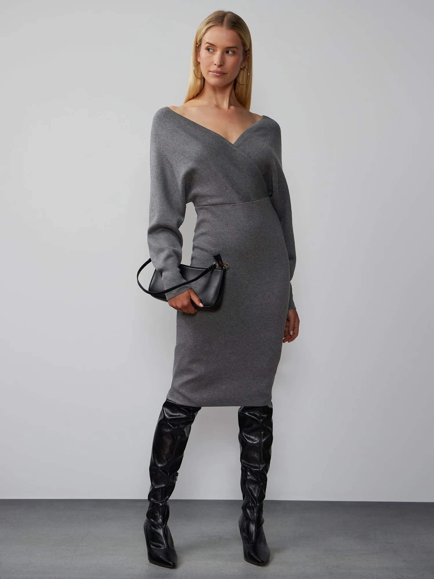 Dolman Sleeve Wrap Neck Sweater Dress