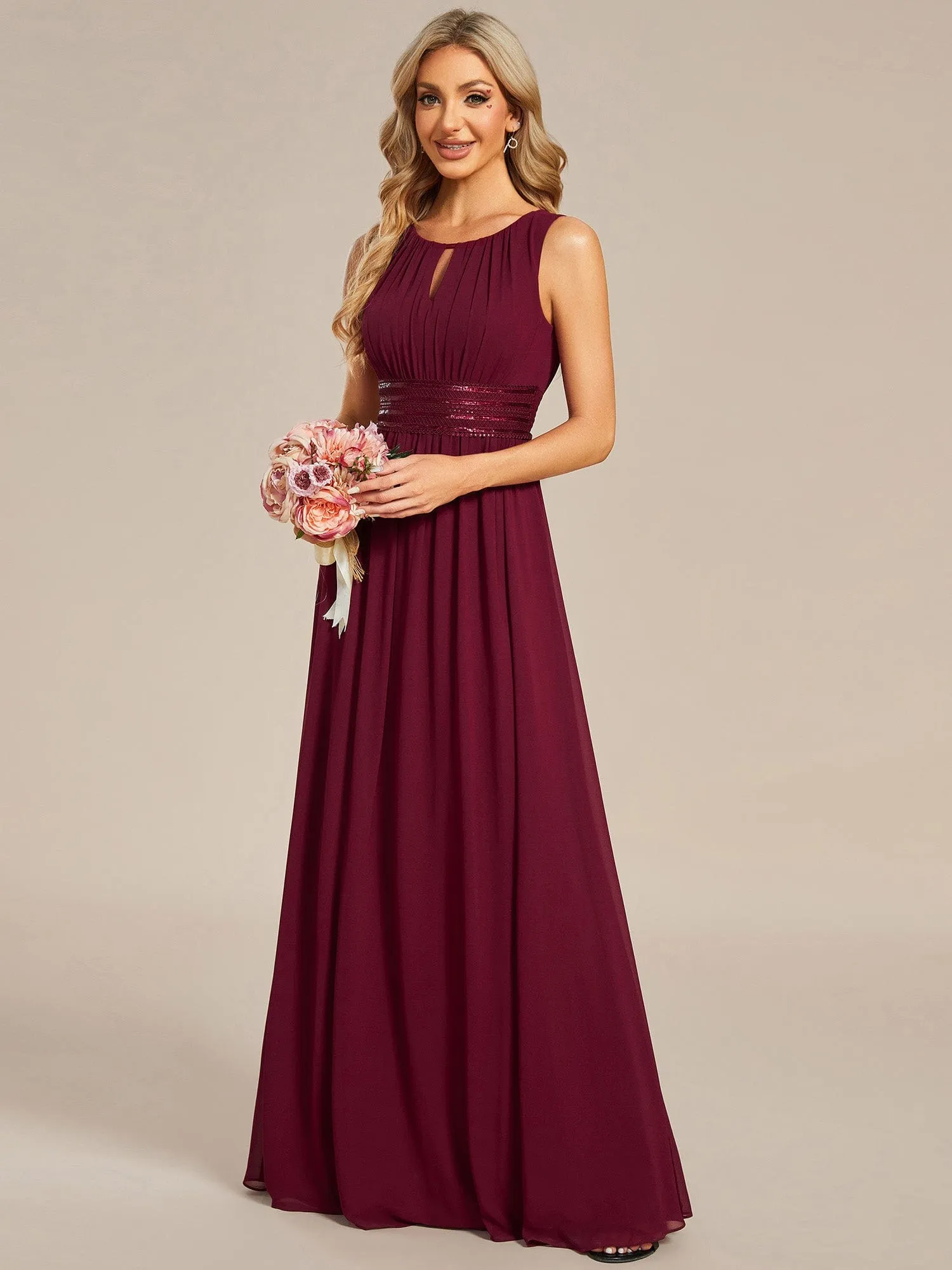 Doris | Simple Sleeveless A-line Chiffon Bridesmaid Dress with Hollow Out Detail