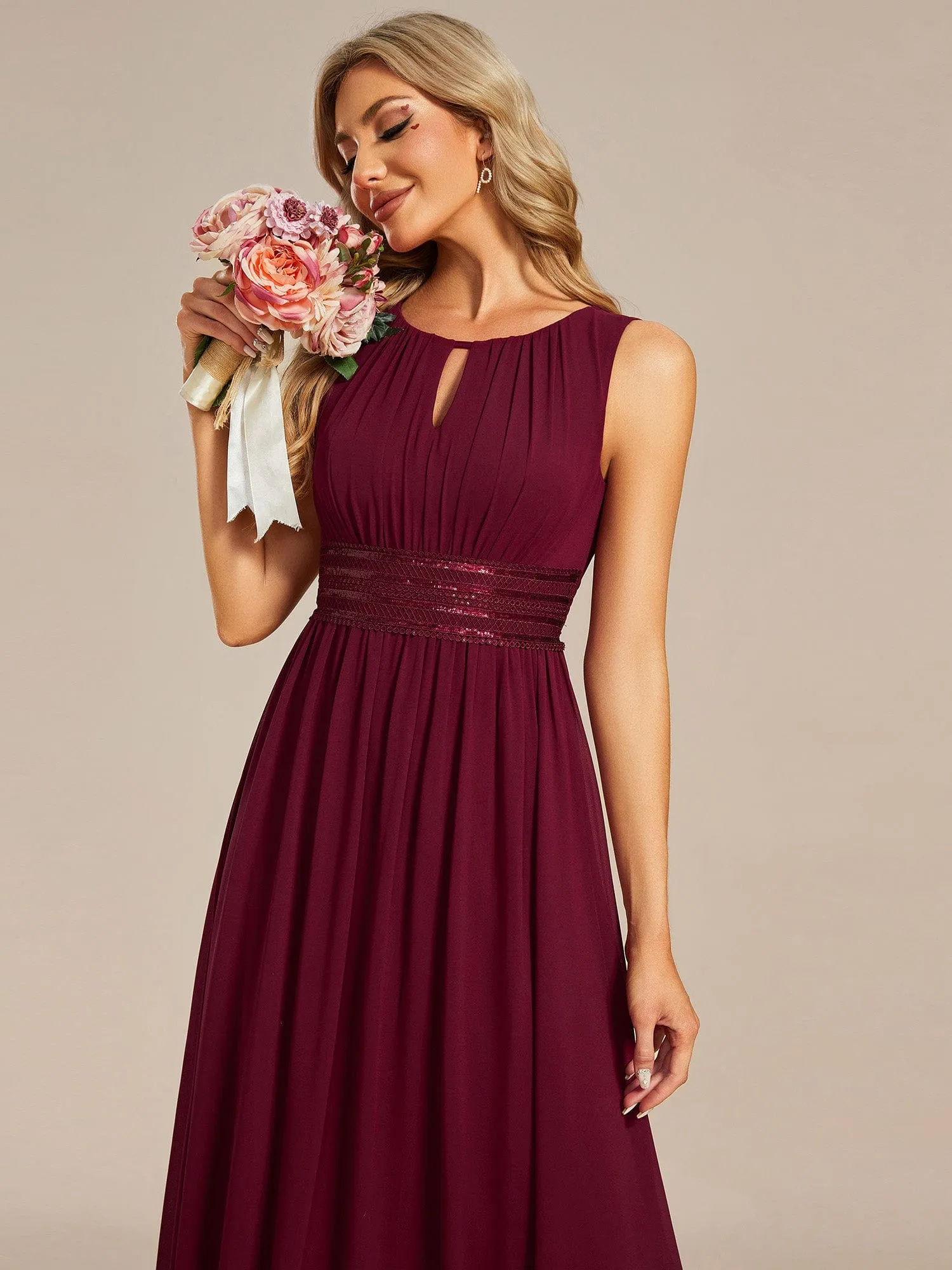 Doris | Simple Sleeveless A-line Chiffon Bridesmaid Dress with Hollow Out Detail