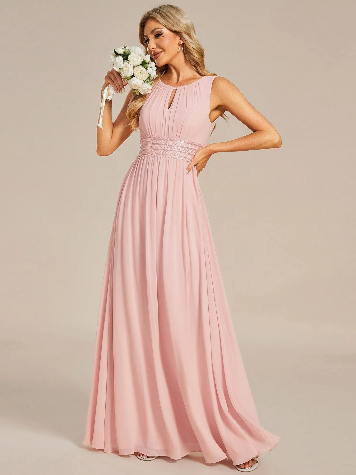 Doris | Simple Sleeveless A-line Chiffon Bridesmaid Dress with Hollow Out Detail