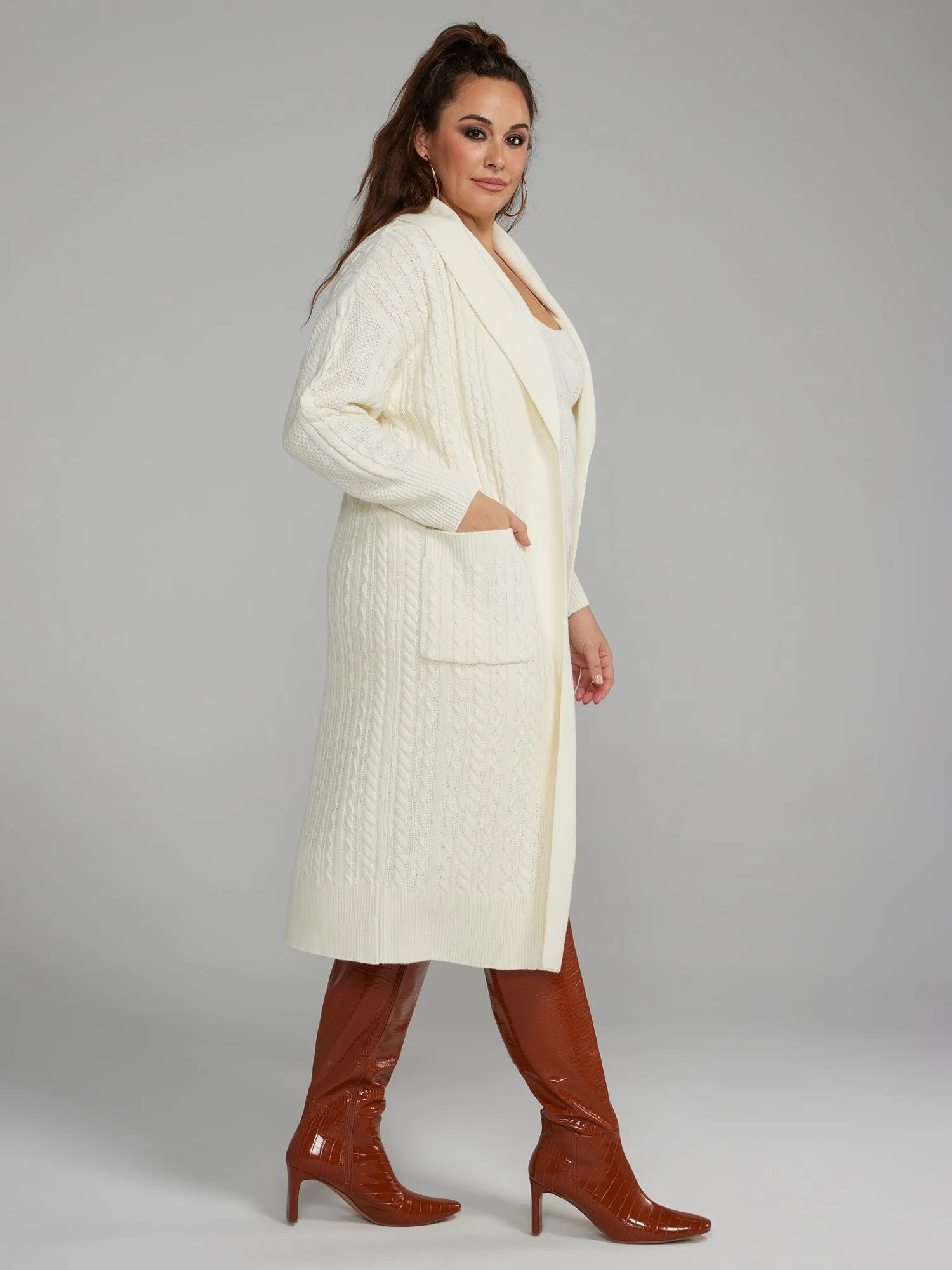 Fashion To Figure - Shawl Collar Cable Knit Long Cardigan