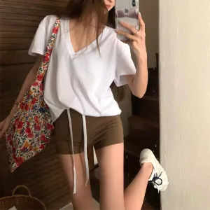 Girlary Korean Style V-neck Casual Versatile Basic Solid Color T-shirt Summer New Women Short-Sleeved T-shirt Tops