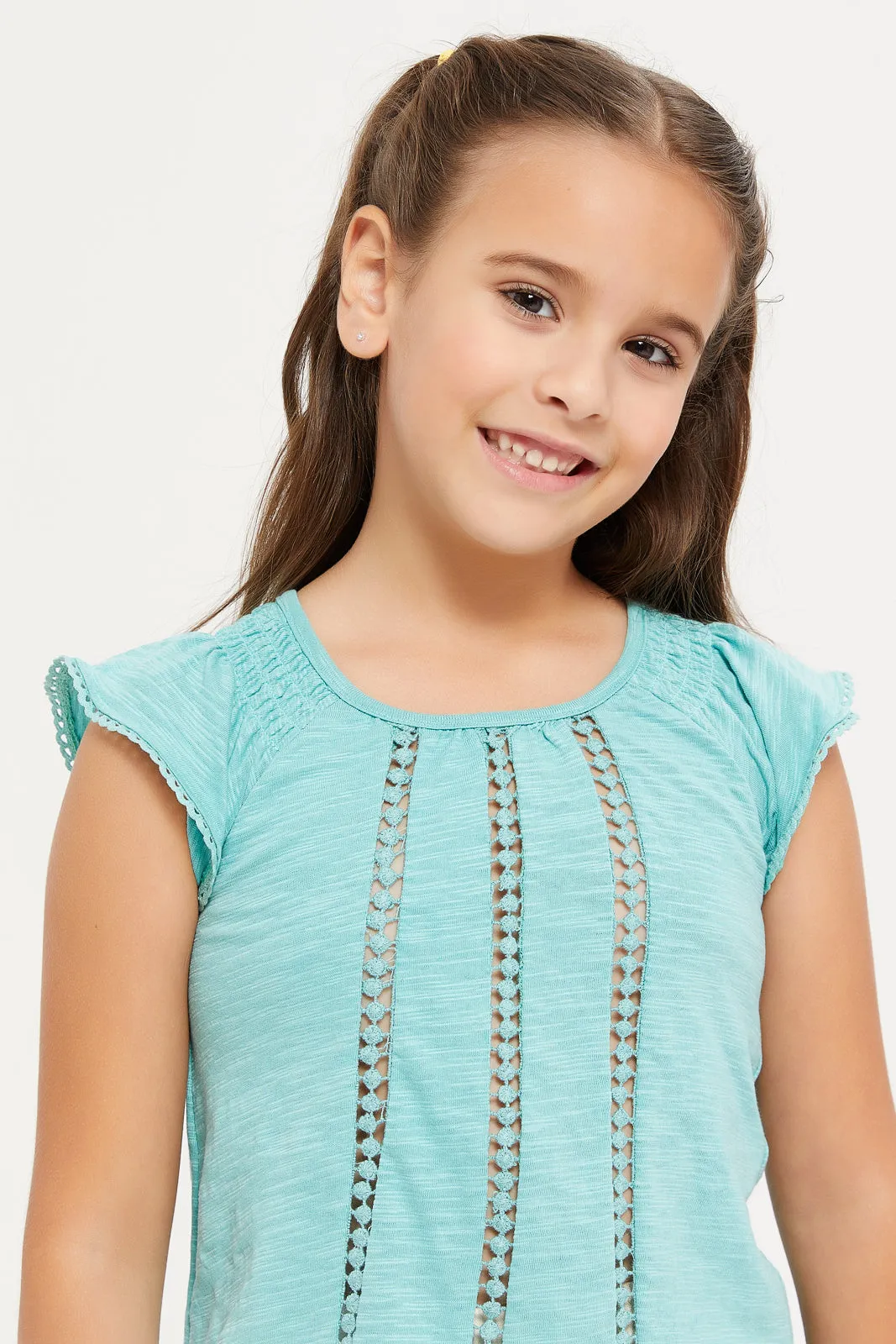 Girls Teal Embellished Frilled Short Sleeves Top