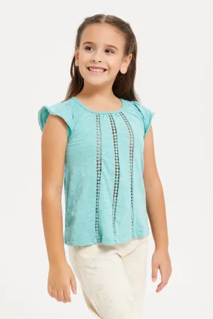 Girls Teal Embellished Frilled Short Sleeves Top