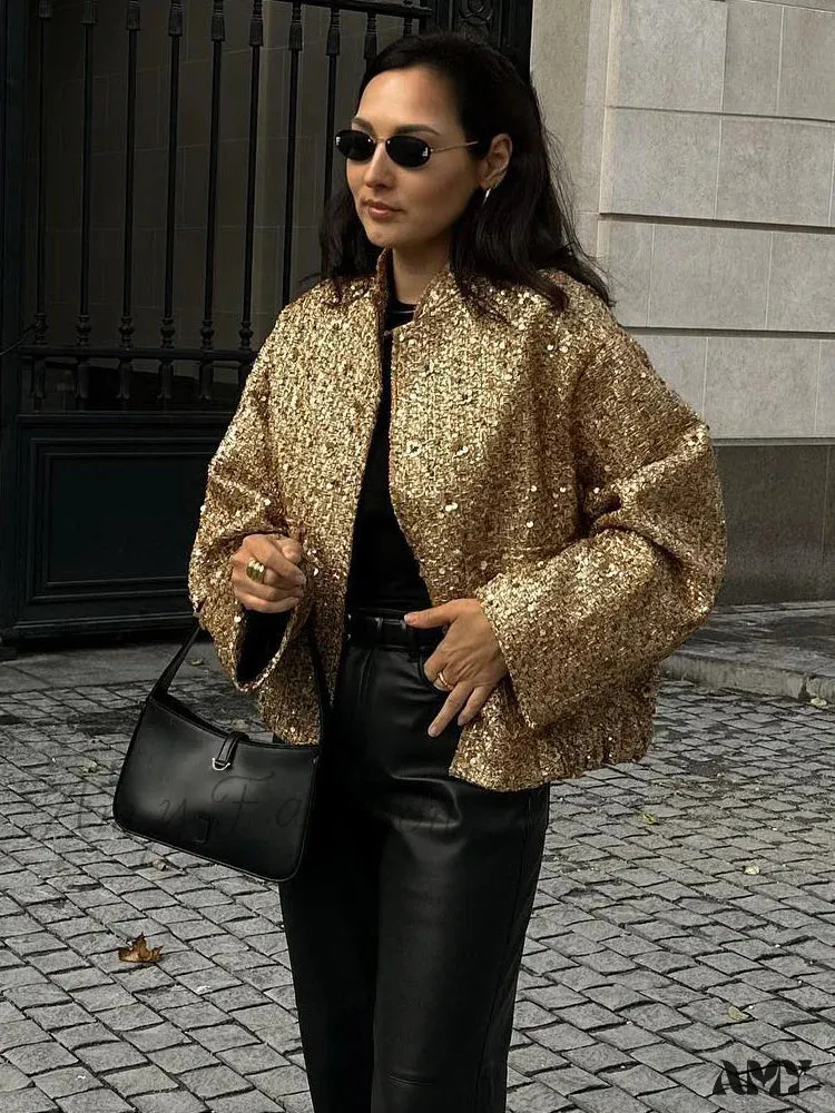 Gold Sequin Decoration Loose Short New Fashion Versatile Warm Chic Elegant Coat