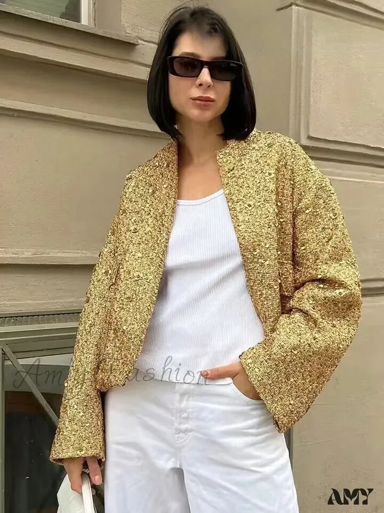 Gold Sequin Decoration Loose Short New Fashion Versatile Warm Chic Elegant Coat