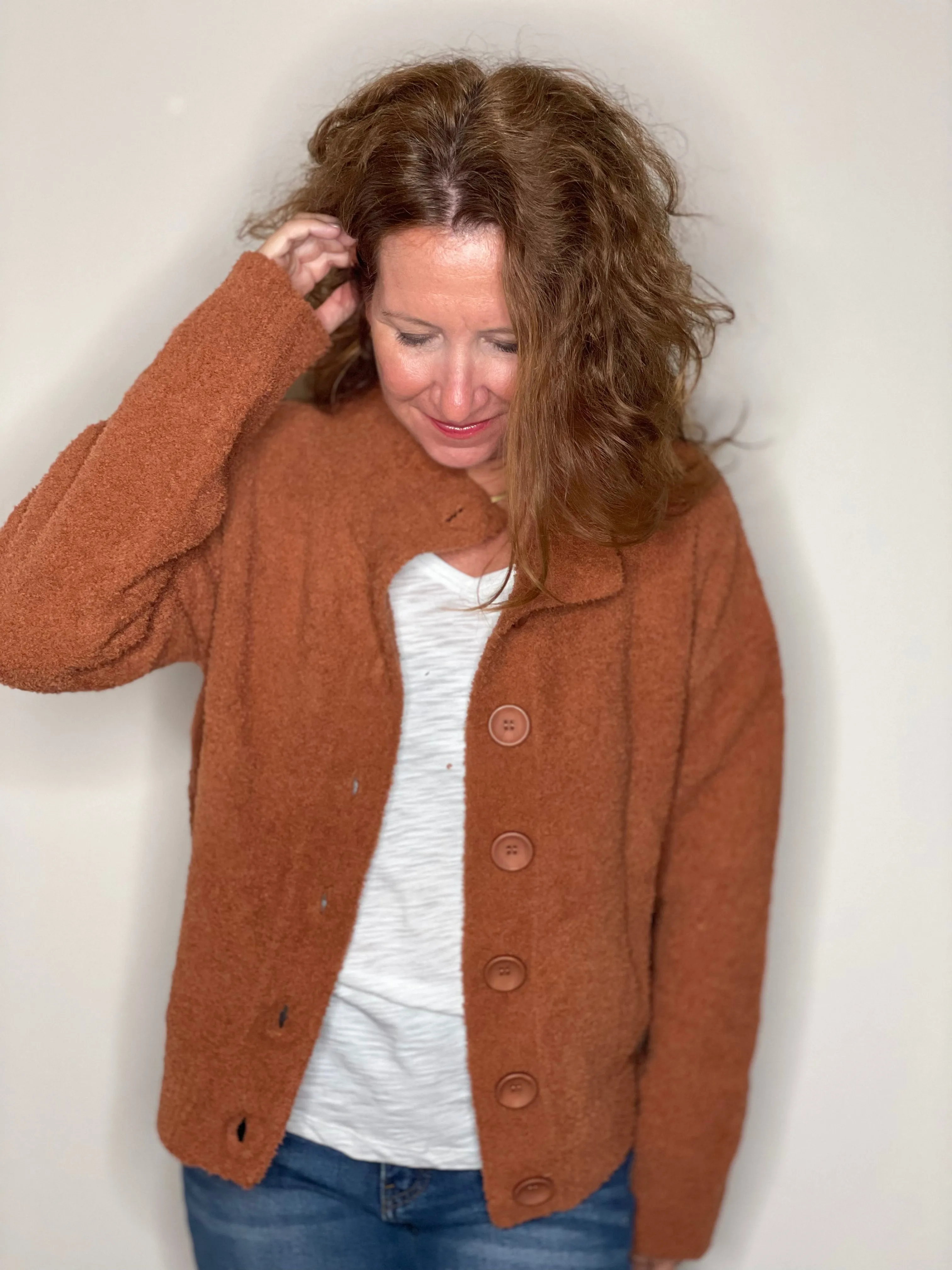 Hello Nite Plush Button Jacket in Terra Cotta