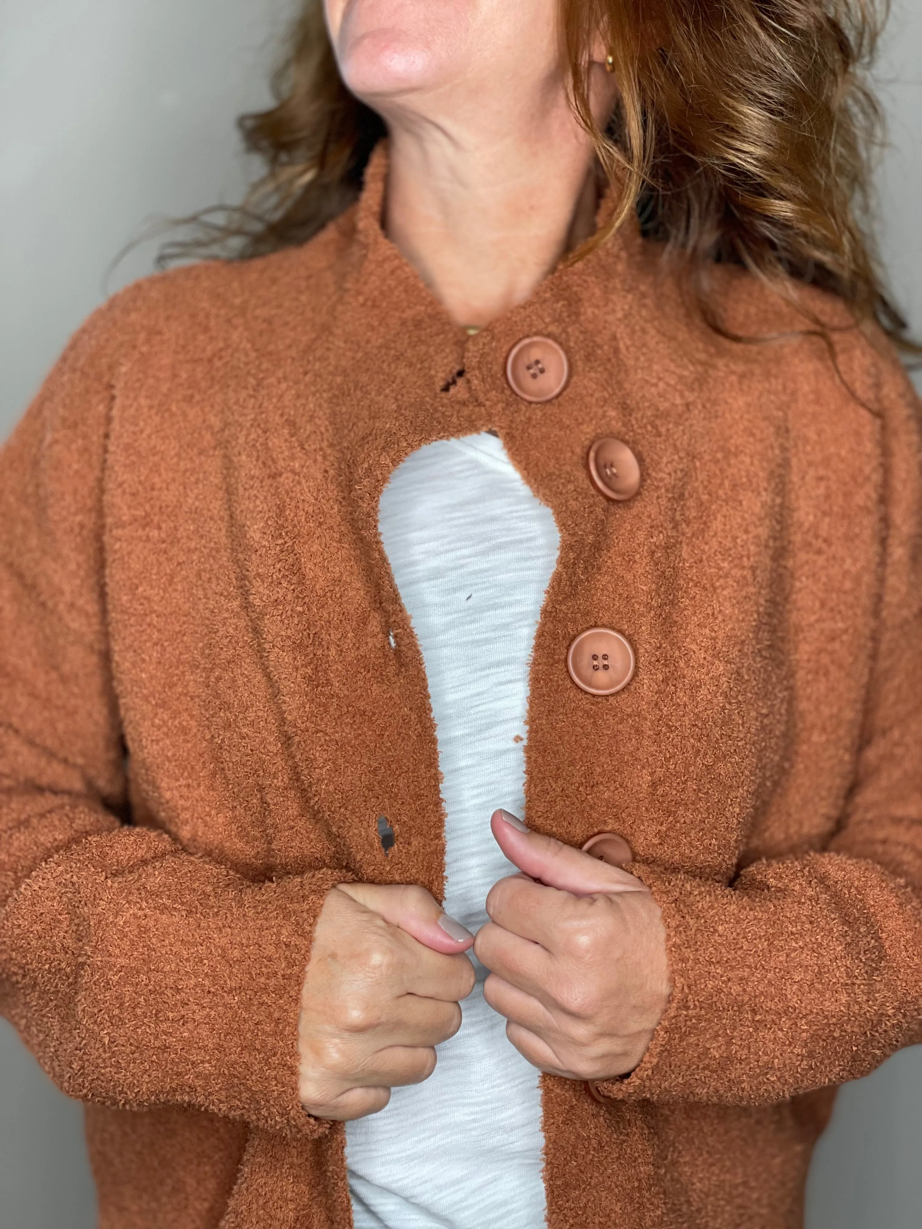 Hello Nite Plush Button Jacket in Terra Cotta