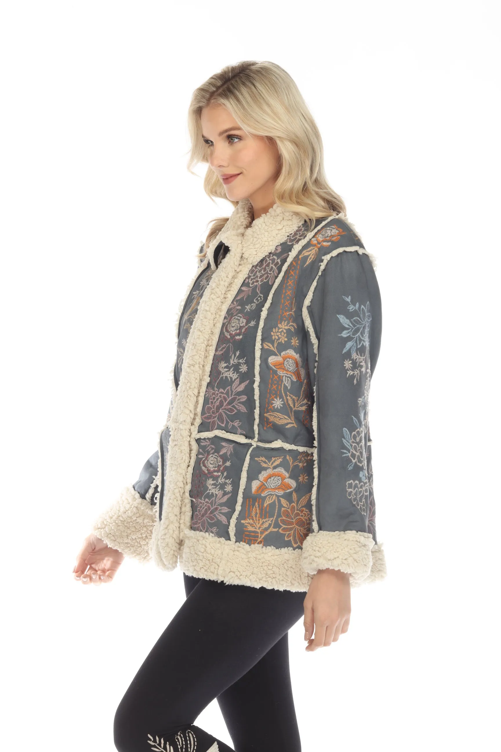 Johnny Was Biya Grey Splendid Suede Floral Embroidered Coat Boho Chic B49722-E