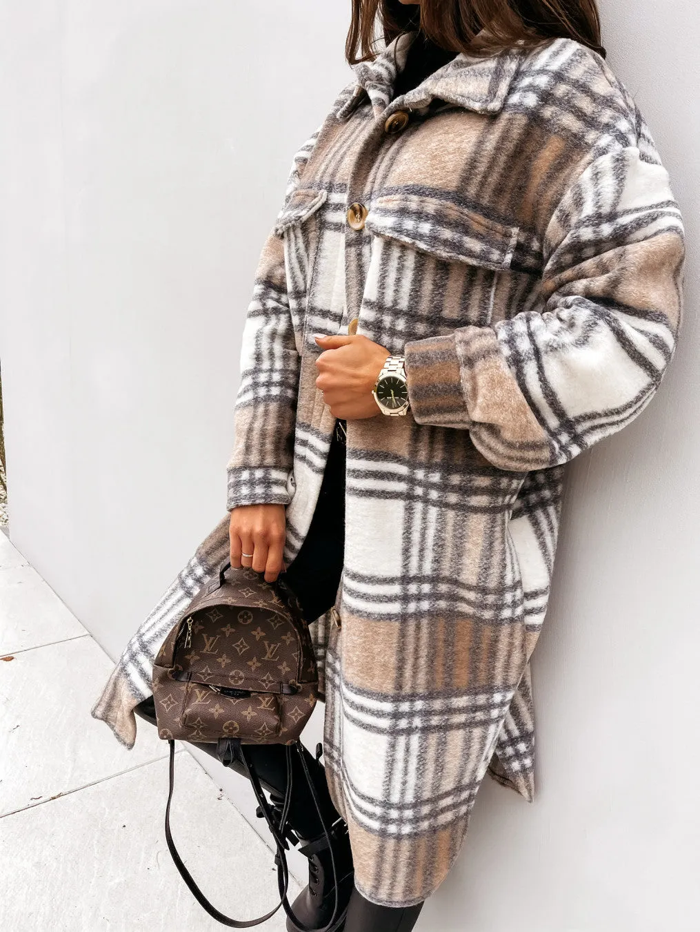 Knee Length Plaid Woolen Jacket Sweater