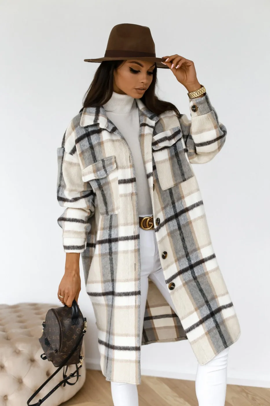 Knee Length Plaid Woolen Jacket Sweater