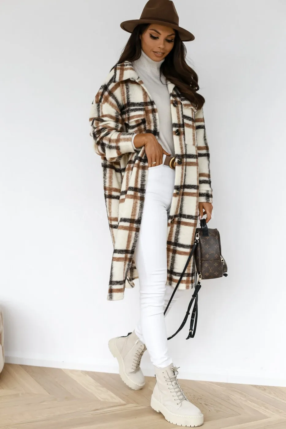 Knee Length Plaid Woolen Jacket Sweater