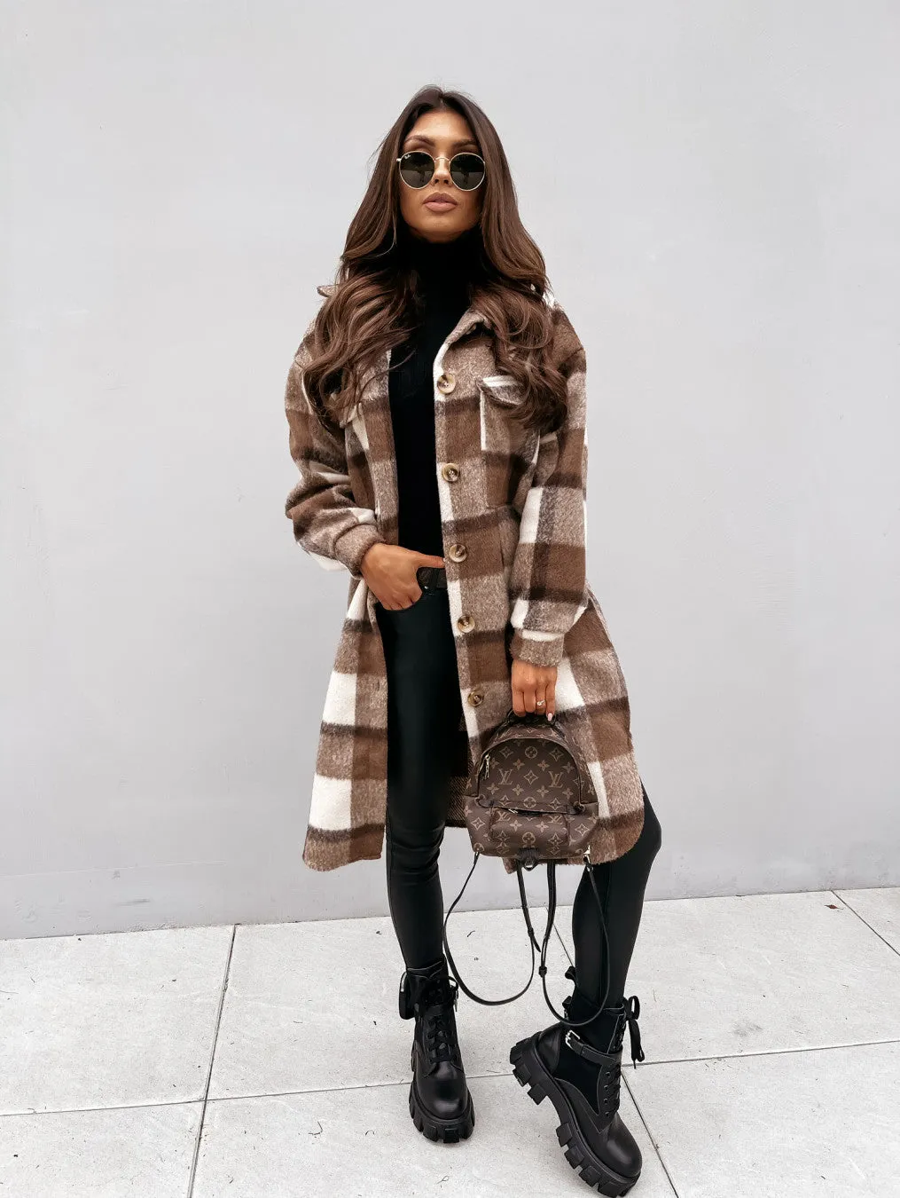 Knee Length Plaid Woolen Jacket Sweater