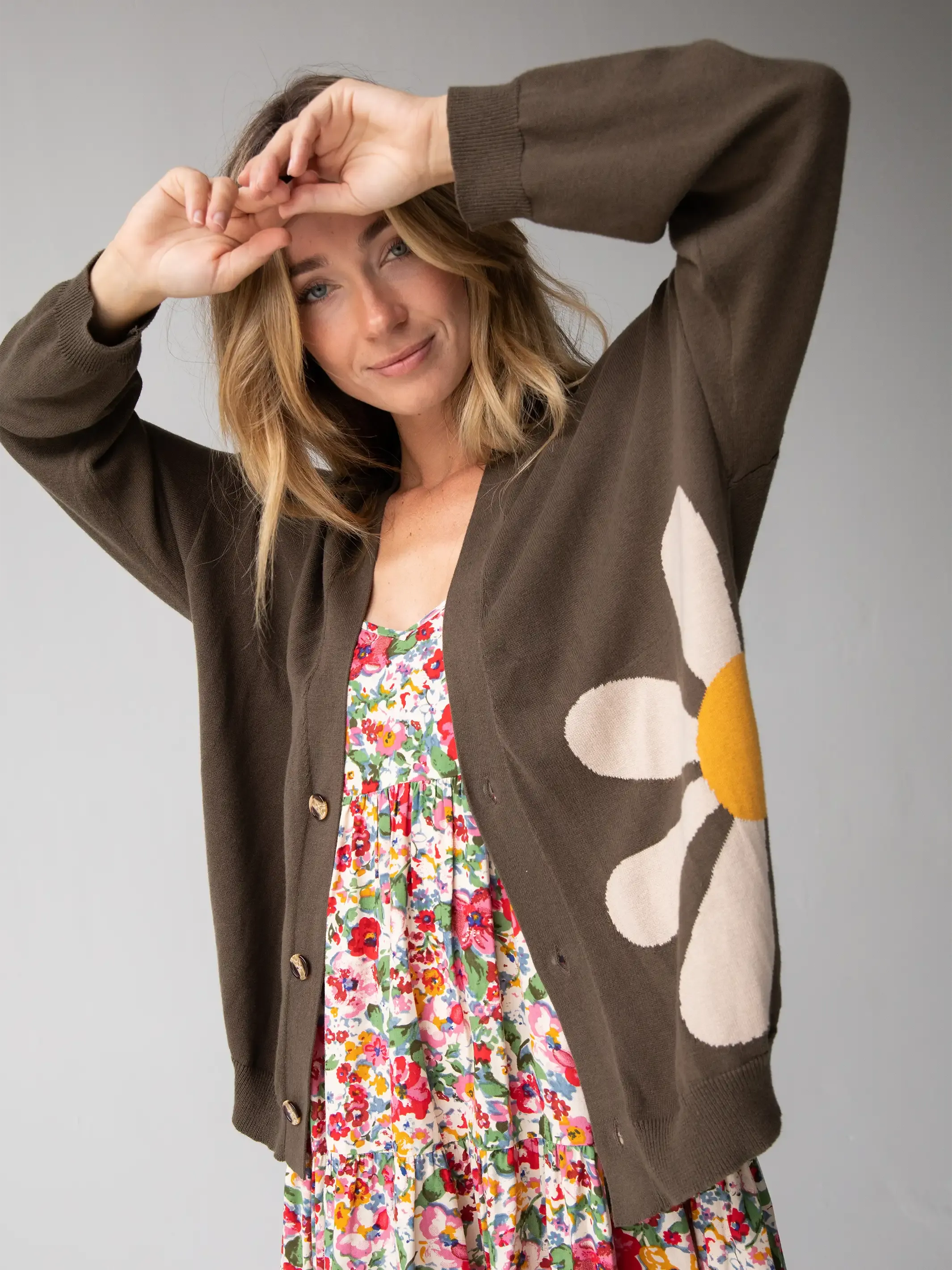 Live Happy Cotton Cardigan Sweater - Olive Daisy