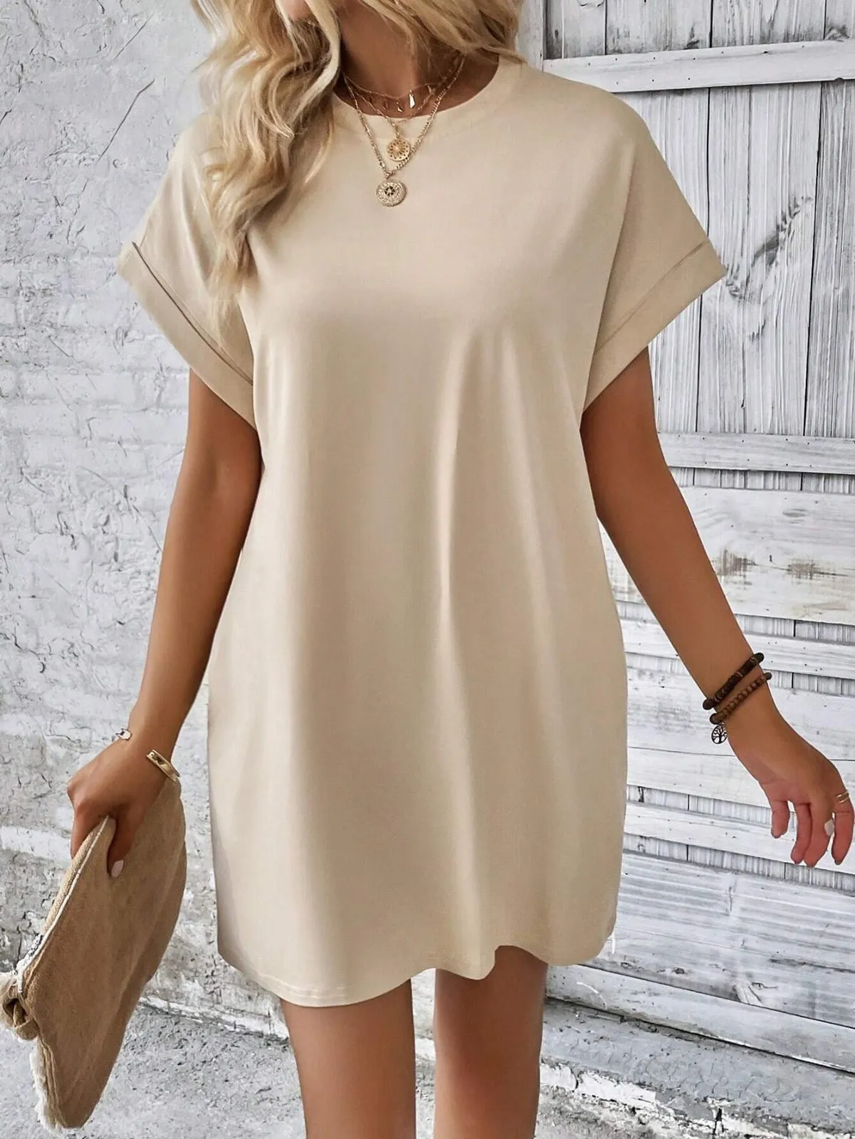 LOOSE FIT SOLID COLOR ROUND NECK BATWING SLEEVE DRESS