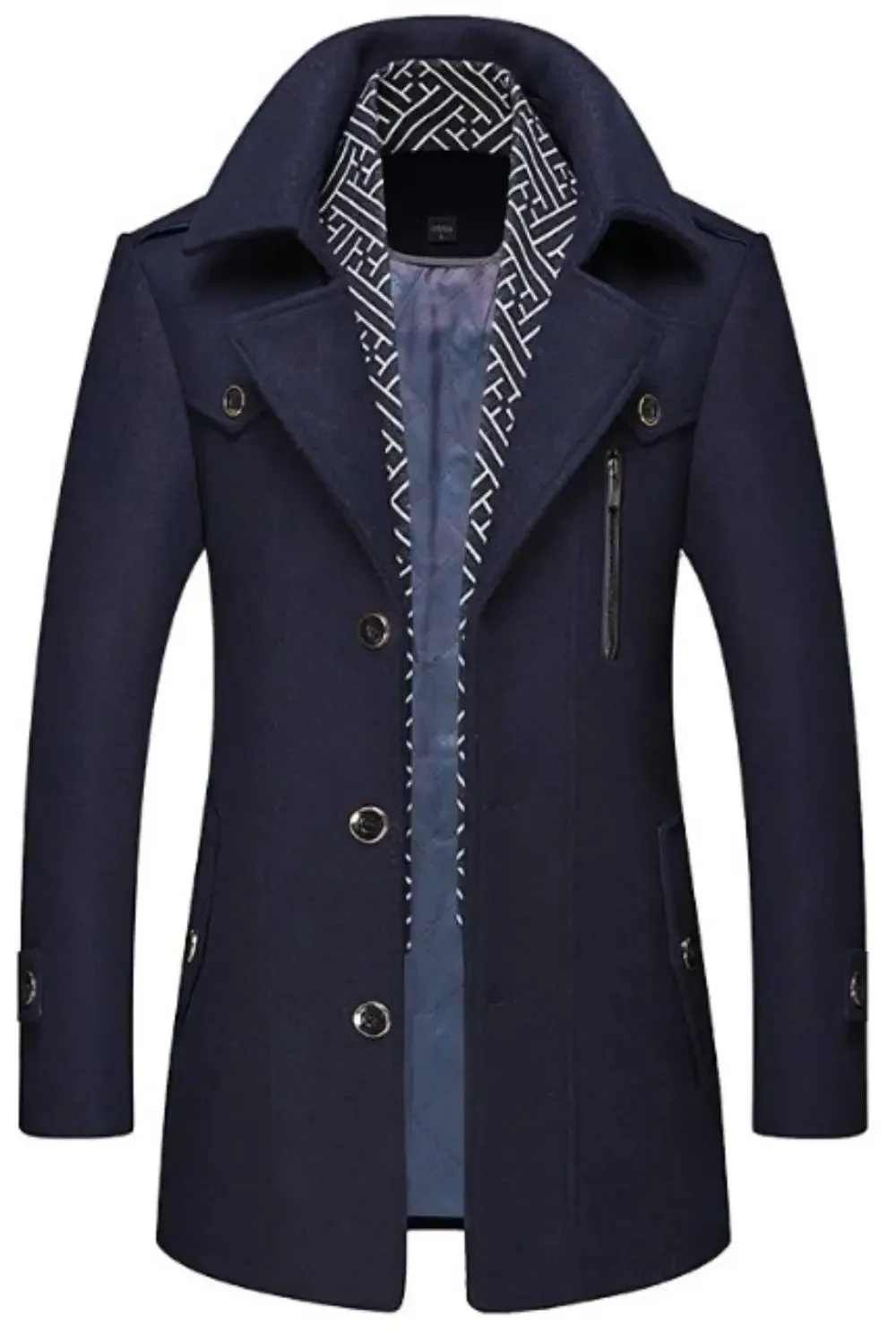 Men's Chic Mid-Length Wool Blend Coat with Layered Collar