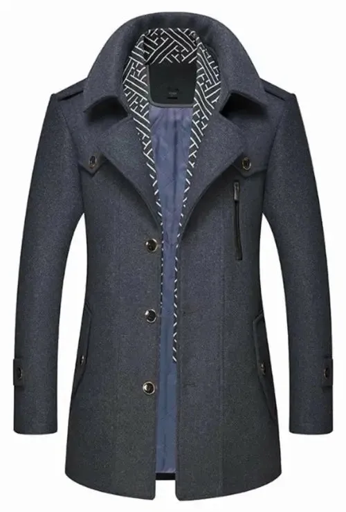 Men's Chic Mid-Length Wool Blend Coat with Layered Collar