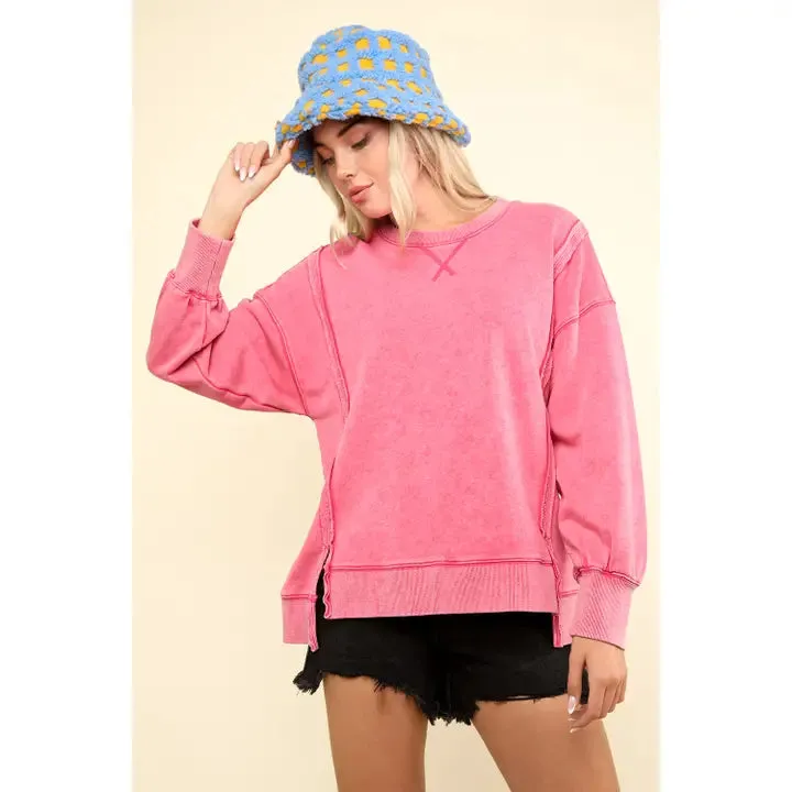 Mineral Washed French Terry Oversized Knit Top in Pink