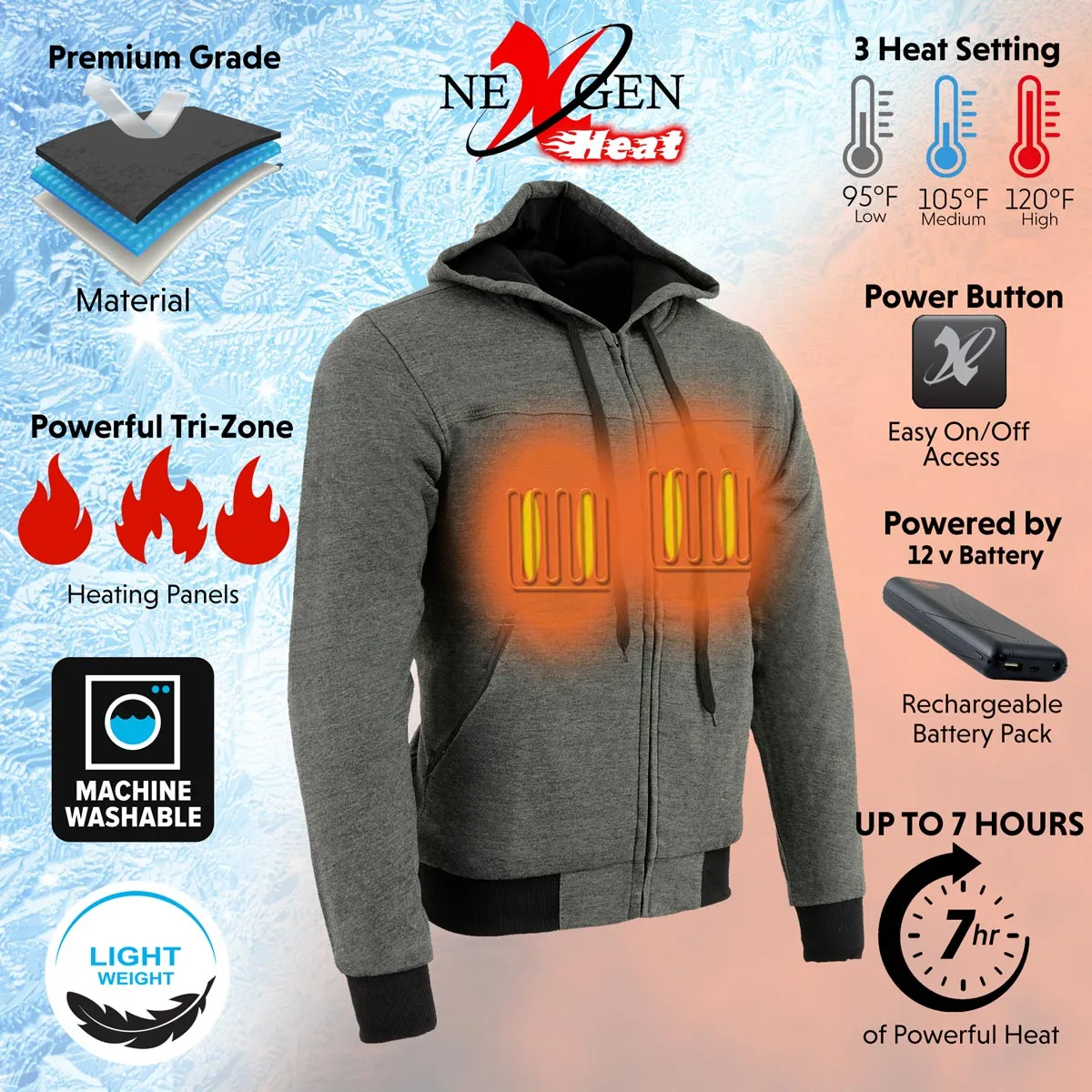 Nexgen Heat MPM1713SET12v Men's Grey 'Heated' Front Zipper Hoodie