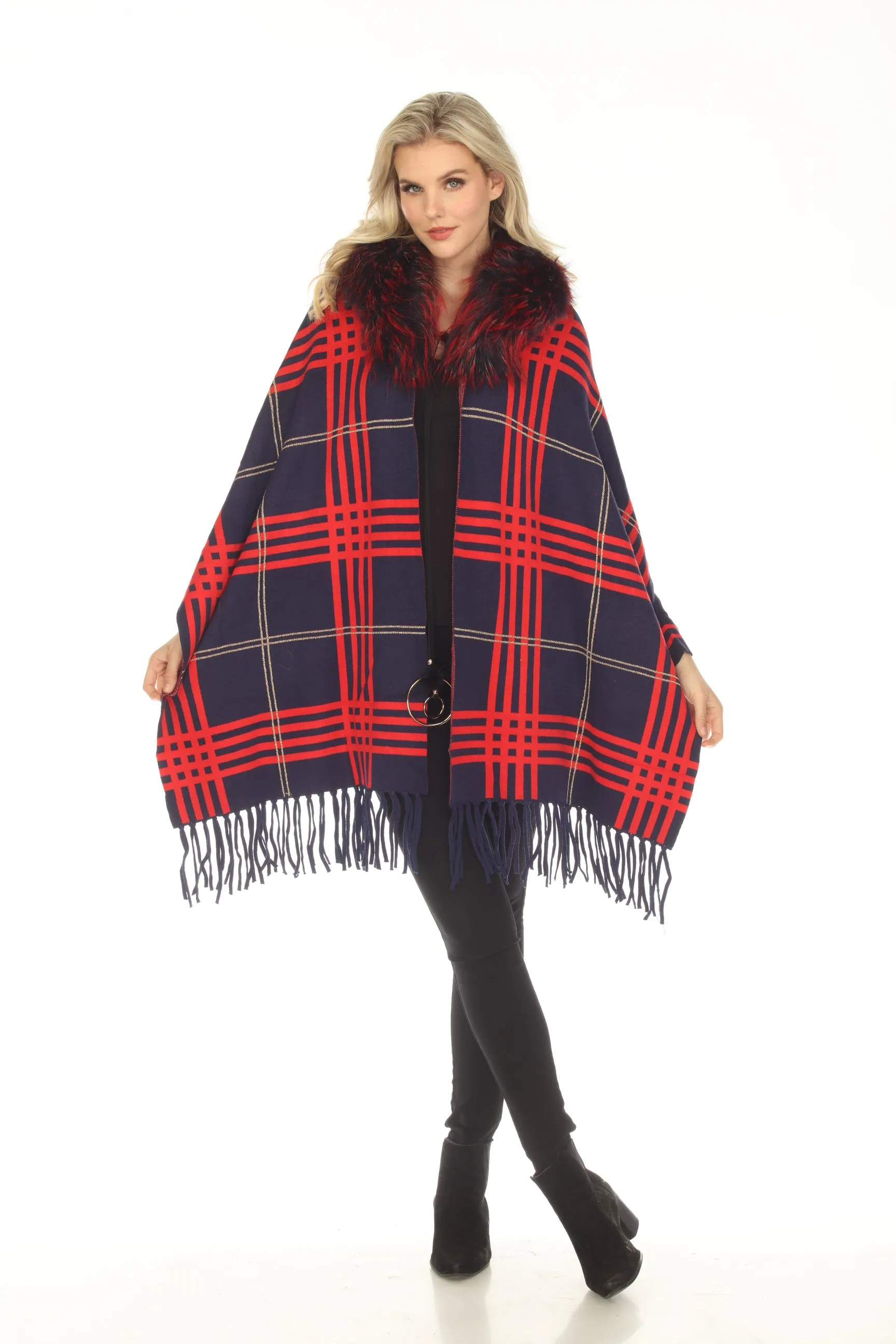 OO LA LA Navy Plaid Pattern Real Fur Collar Fringe Cape M1540