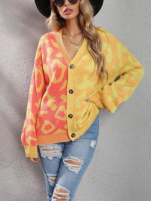 Orange Multi Two Tone Leopard Cardigan