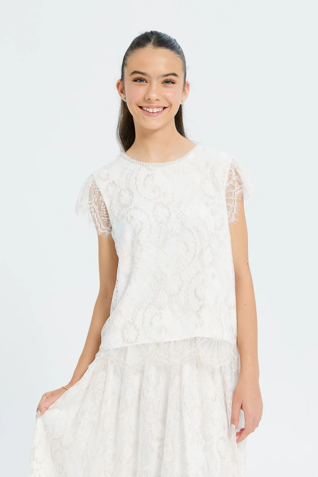 Senior Girls White And Cream Laced Top