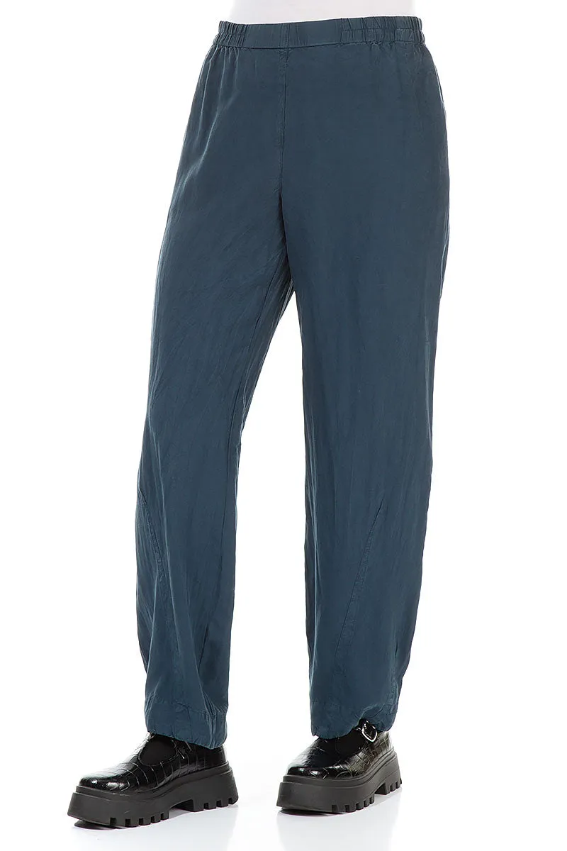 Straight Navy Silk Linen Trousers