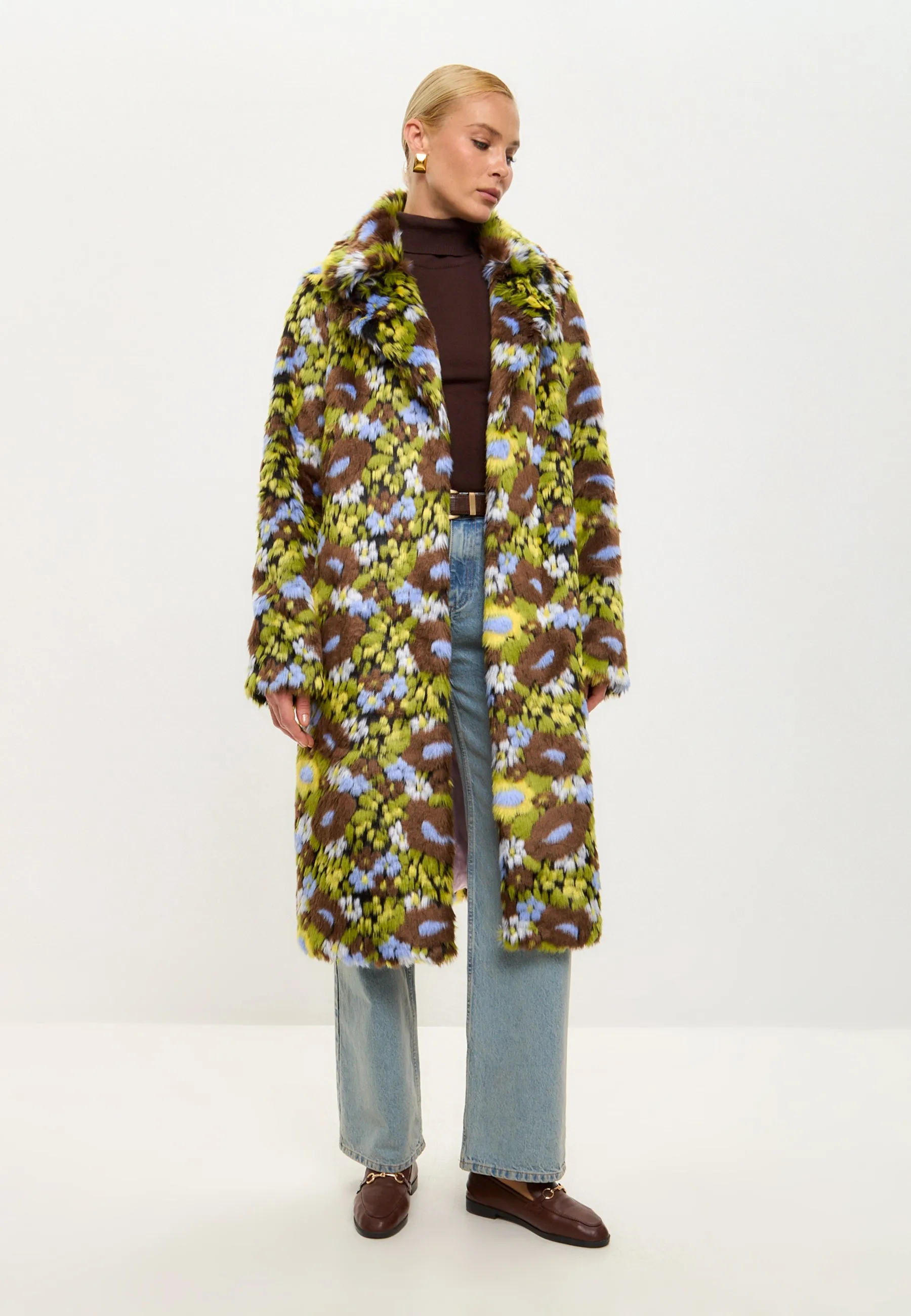 Trendy Faux Fur Long Coat with Vibrant Floral Print